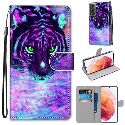 For Samsung Galaxy S21 5G Coloured Drawing Cross Texture Horizontal Flip PU Leather Case with Holder & Card Slots & Wallet & Lanyard(Tiger Drinking Water)-garmade.com