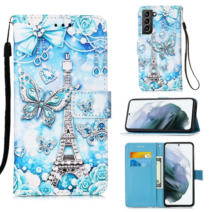 For Samsung Galaxy S21+ 5G Colored Drawing Pattern Plain Weave Horizontal Flip Leather Case with Holder & Card Slot & Wallet & Lanyard(Tower Butterfly)-garmade.com