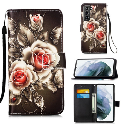 For Samsung Galaxy S21+ 5G Colored Drawing Pattern Plain Weave Horizontal Flip Leather Case with Holder & Card Slot & Wallet & Lanyard(Roses On Black)-garmade.com