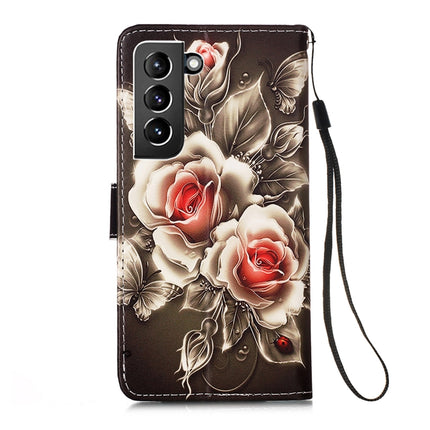 For Samsung Galaxy S21+ 5G Colored Drawing Pattern Plain Weave Horizontal Flip Leather Case with Holder & Card Slot & Wallet & Lanyard(Roses On Black)-garmade.com