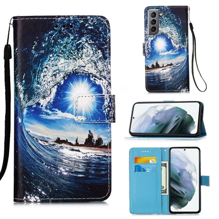For Samsung Galaxy S21 5G Colored Drawing Pattern Plain Weave Horizontal Flip Leather Case with Holder & Card Slot & Wallet & Lanyard(Waves And Sun)-garmade.com