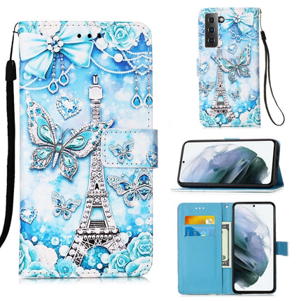 For Samsung Galaxy S21 5G Colored Drawing Pattern Plain Weave Horizontal Flip Leather Case with Holder & Card Slot & Wallet & Lanyard(Tower Butterfly)-garmade.com