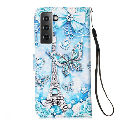 For Samsung Galaxy S21 5G Colored Drawing Pattern Plain Weave Horizontal Flip Leather Case with Holder & Card Slot & Wallet & Lanyard(Tower Butterfly)-garmade.com