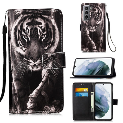 For Samsung Galaxy S21 5G Colored Drawing Pattern Plain Weave Horizontal Flip Leather Case with Holder & Card Slot & Wallet & Lanyard(Black And White Tiger)-garmade.com