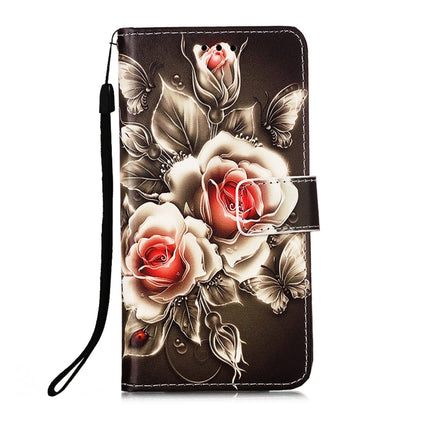 For Samsung Galaxy S21 5G Colored Drawing Pattern Plain Weave Horizontal Flip Leather Case with Holder & Card Slot & Wallet & Lanyard(Roses On Black)-garmade.com