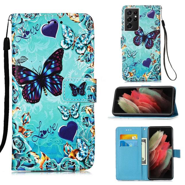For Samsung Galaxy S21 Ultra 5G Colored Drawing Pattern Plain Weave Horizontal Flip Leather Case with Holder & Card Slot & Wallet & Lanyard(Caring Butterfly)-garmade.com