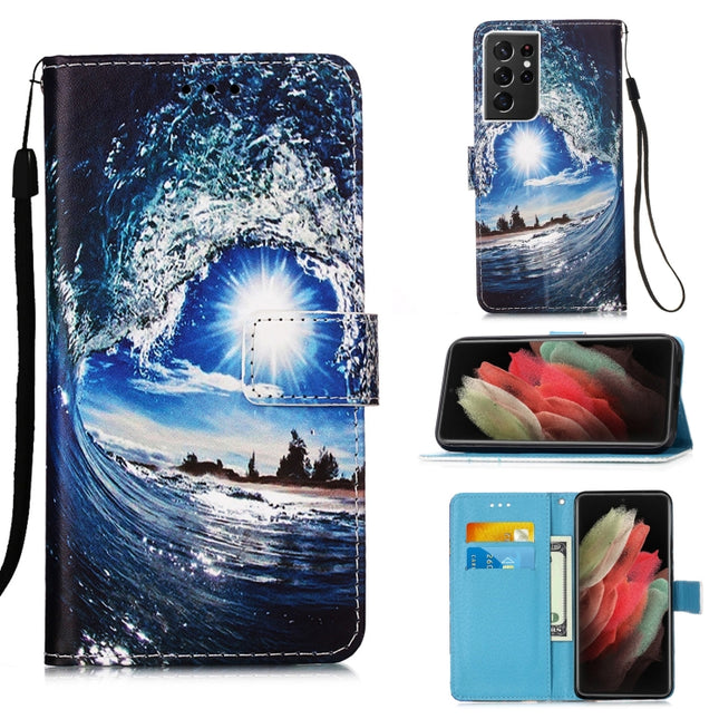 For Samsung Galaxy S21 Ultra 5G Colored Drawing Pattern Plain Weave Horizontal Flip Leather Case with Holder & Card Slot & Wallet & Lanyard(Waves And Sun)-garmade.com