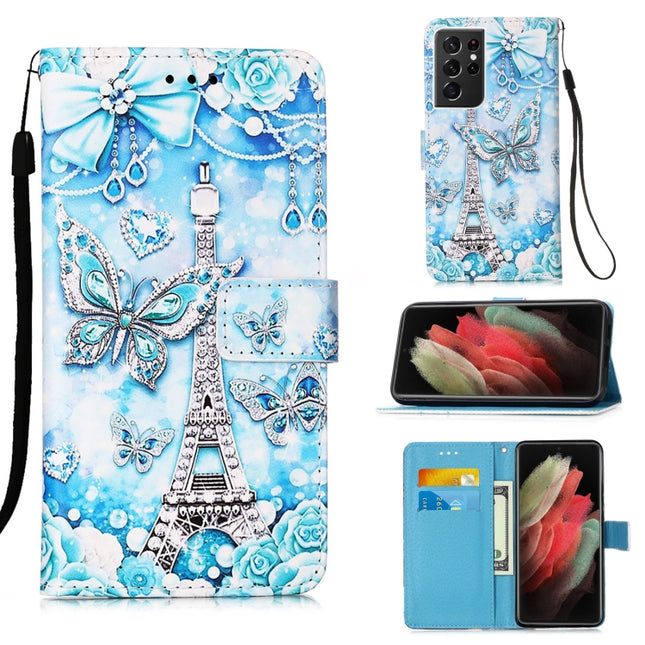 For Samsung Galaxy S21 Ultra 5G Colored Drawing Pattern Plain Weave Horizontal Flip Leather Case with Holder & Card Slot & Wallet & Lanyard(Tower Butterfly)-garmade.com