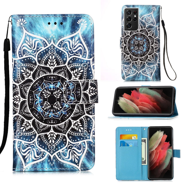 For Samsung Galaxy S21 Ultra 5G Colored Drawing Pattern Plain Weave Horizontal Flip Leather Case with Holder & Card Slot & Wallet & Lanyard(Undersea Mandala)-garmade.com