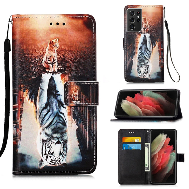 For Samsung Galaxy S21 Ultra 5G Colored Drawing Pattern Plain Weave Horizontal Flip Leather Case with Holder & Card Slot & Wallet & Lanyard(Cats And Tigers)-garmade.com