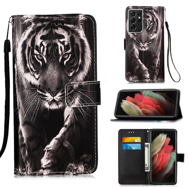 For Samsung Galaxy S21 Ultra 5G Colored Drawing Pattern Plain Weave Horizontal Flip Leather Case with Holder & Card Slot & Wallet & Lanyard(Black And White Tiger)-garmade.com
