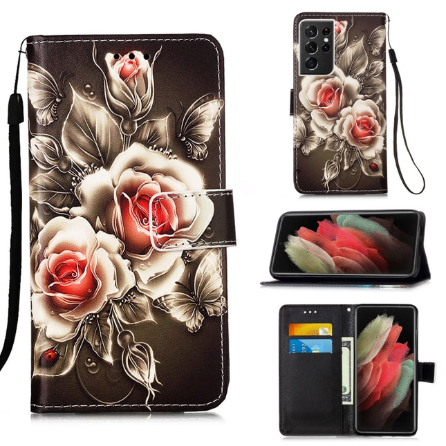 For Samsung Galaxy S21 Ultra 5G Colored Drawing Pattern Plain Weave Horizontal Flip Leather Case with Holder & Card Slot & Wallet & Lanyard(Roses On Black)-garmade.com