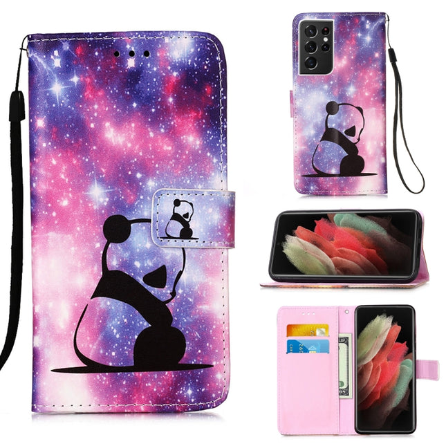 For Samsung Galaxy S21 Ultra 5G Colored Drawing Pattern Plain Weave Horizontal Flip Leather Case with Holder & Card Slot & Wallet & Lanyard(Baby Panda)-garmade.com