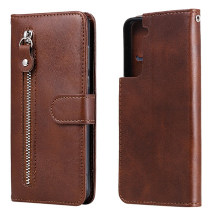 For Samsung Galaxy S21 5G Fashion Calf Texture Zipper Horizontal Flip Leather Case with Holder & Card Slots & Wallet(Brown)-garmade.com