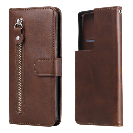 For Samsung Galaxy S21 Ultra 5G Fashion Calf Texture Zipper Horizontal Flip Leather Case with Holder & Card Slots & Wallet(Brown)-garmade.com