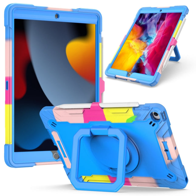 For iPad 10.2 2021 / 2020 / 2019 Contrast Color Shockproof Robot Silicone + PC Case with Wristband Holder(Camouflage + Blue)-garmade.com