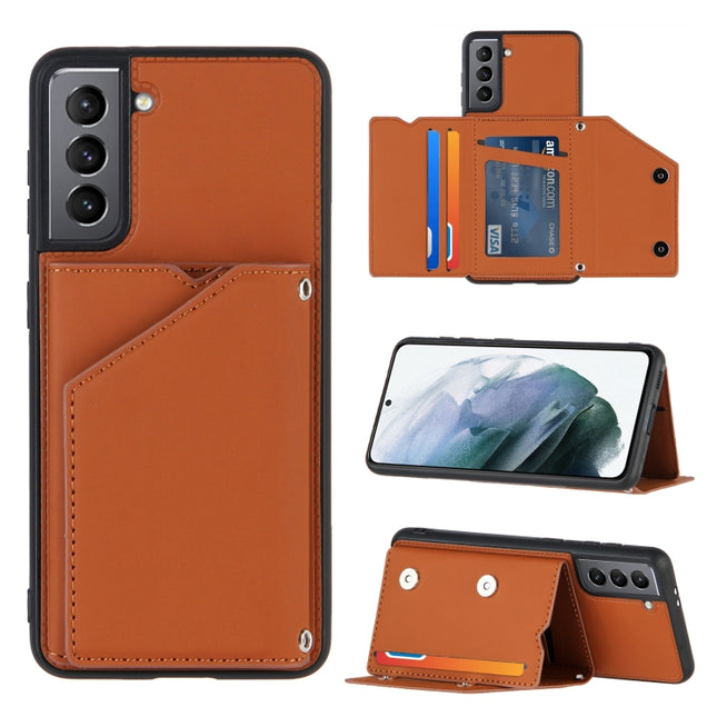 For Samsung Galaxy S21 5G Skin Feel PU + TPU + PC Back Cover Shockproof Case with Card Slots & Holder & Photo Frame(Brown)-garmade.com