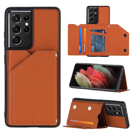 For Samsung Galaxy S21 Ultra 5G Skin Feel PU + TPU + PC Back Cover Shockproof Case with Card Slots & Holder & Photo Frame(Brown)-garmade.com