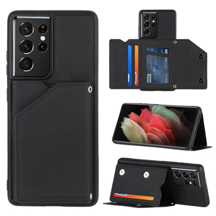 For Samsung Galaxy S21 Ultra 5G Skin Feel PU + TPU + PC Back Cover Shockproof Case with Card Slots & Holder & Photo Frame(Black)-garmade.com