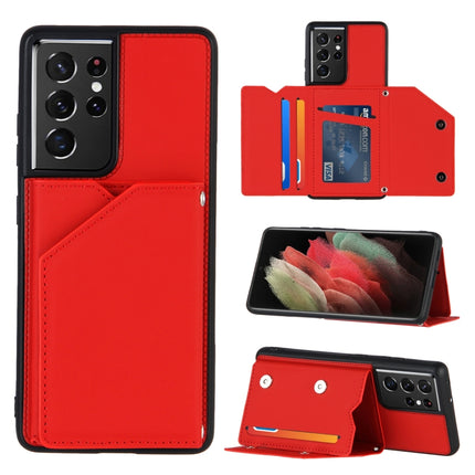 For Samsung Galaxy S21 Ultra 5G Skin Feel PU + TPU + PC Back Cover Shockproof Case with Card Slots & Holder & Photo Frame(Red)-garmade.com