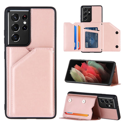 For Samsung Galaxy S21 Ultra 5G Skin Feel PU + TPU + PC Back Cover Shockproof Case with Card Slots & Holder & Photo Frame(Rose Gold)-garmade.com