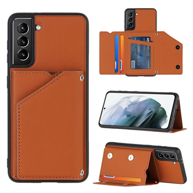 For Samsung Galaxy S21+ 5G Skin Feel PU + TPU + PC Back Cover Shockproof Case with Card Slots & Holder & Photo Frame(Brown)-garmade.com