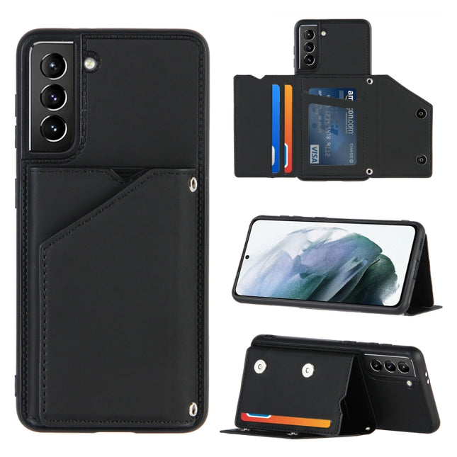 For Samsung Galaxy S21+ 5G Skin Feel PU + TPU + PC Back Cover Shockproof Case with Card Slots & Holder & Photo Frame(Black)-garmade.com