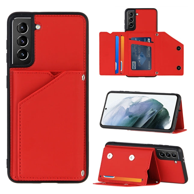 For Samsung Galaxy S21+ 5G Skin Feel PU + TPU + PC Back Cover Shockproof Case with Card Slots & Holder & Photo Frame(Red)-garmade.com