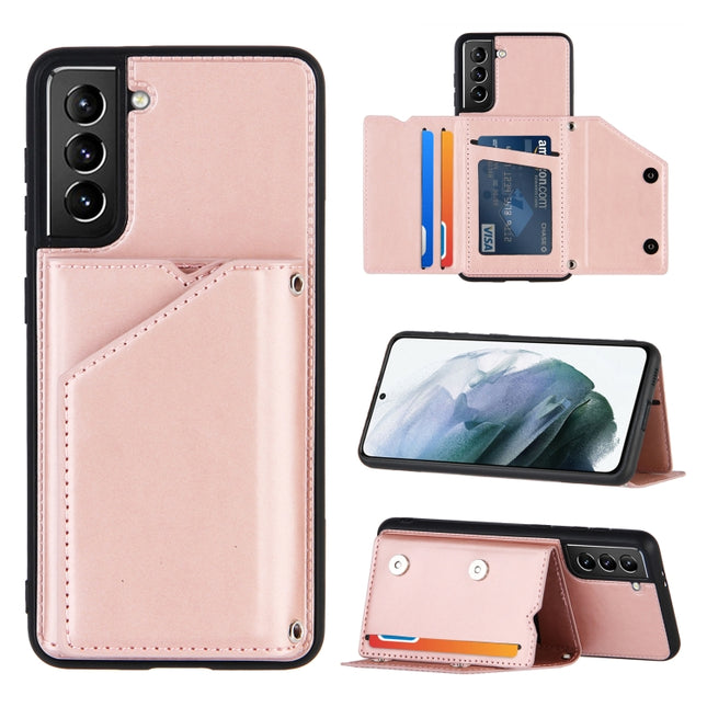 For Samsung Galaxy S21+ 5G Skin Feel PU + TPU + PC Back Cover Shockproof Case with Card Slots & Holder & Photo Frame(Rose Gold)-garmade.com