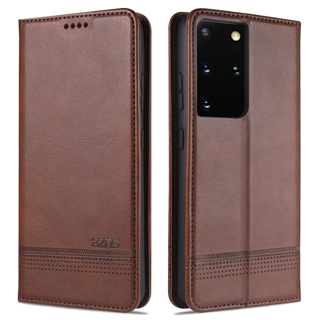 For Samsung Galaxy S21 Ultra 5G AZNS Magnetic Calf Texture Horizontal Flip Leather Case with Card Slots & Holder & Wallet(Dark Brown)-garmade.com