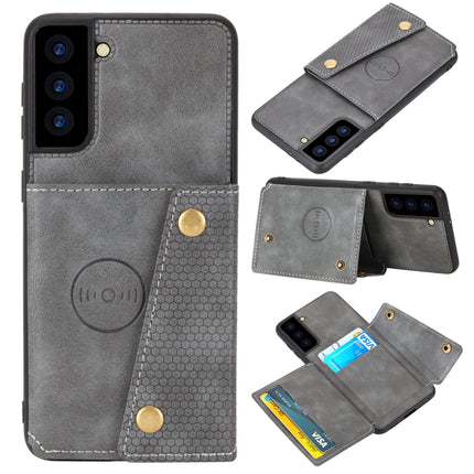 For Samsung Galaxy S21 5G Double Buckle PU + TPU Shockproof Magnetic Protective Case with Card Slot & Holder(Grey)-garmade.com