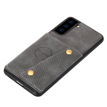 For Samsung Galaxy S21 5G Double Buckle PU + TPU Shockproof Magnetic Protective Case with Card Slot & Holder(Grey)-garmade.com