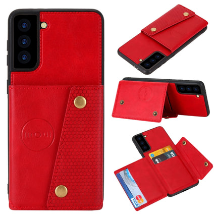 For Samsung Galaxy S21+ 5G Double Buckle PU + TPU Shockproof Magnetic Protective Case with Card Slot & Holder(Red)-garmade.com