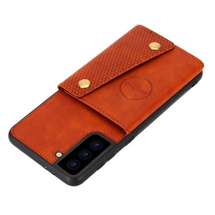 For Samsung Galaxy S21+ 5G Double Buckle PU + TPU Shockproof Magnetic Protective Case with Card Slot & Holder(Brown)-garmade.com