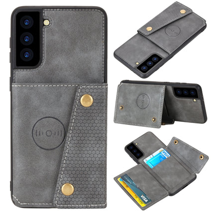 For Samsung Galaxy S21+ 5G Double Buckle PU + TPU Shockproof Magnetic Protective Case with Card Slot & Holder(Grey)-garmade.com