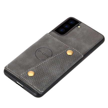 For Samsung Galaxy S21+ 5G Double Buckle PU + TPU Shockproof Magnetic Protective Case with Card Slot & Holder(Grey)-garmade.com