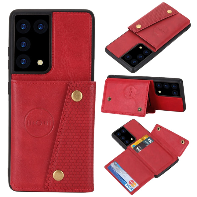 For Samsung Galaxy S21 Ultra 5G Double Buckle PU + TPU Shockproof Magnetic Protective Case with Card Slot & Holder(Red)-garmade.com