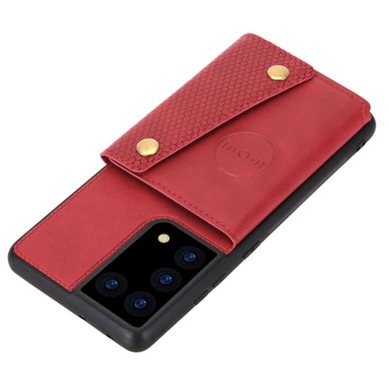 For Samsung Galaxy S21 Ultra 5G Double Buckle PU + TPU Shockproof Magnetic Protective Case with Card Slot & Holder(Red)-garmade.com