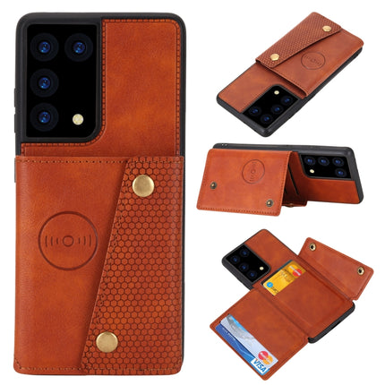 For Samsung Galaxy S21 Ultra 5G Double Buckle PU + TPU Shockproof Magnetic Protective Case with Card Slot & Holder(Brown)-garmade.com