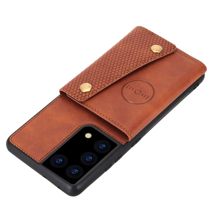 For Samsung Galaxy S21 Ultra 5G Double Buckle PU + TPU Shockproof Magnetic Protective Case with Card Slot & Holder(Brown)-garmade.com