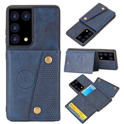 For Samsung Galaxy S21 Ultra 5G Double Buckle PU + TPU Shockproof Magnetic Protective Case with Card Slot & Holder(Blue)-garmade.com