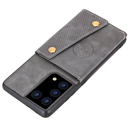 For Samsung Galaxy S21 Ultra 5G Double Buckle PU + TPU Shockproof Magnetic Protective Case with Card Slot & Holder(Grey)-garmade.com