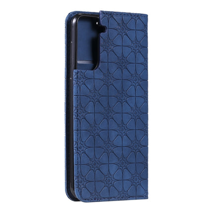 For Samsung Galaxy S21 5G Lucky Flowers Embossing Pattern Magnetic Horizontal Flip Leather Case with Holder & Card Slots(Dark Blue)-garmade.com