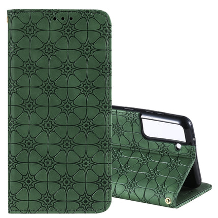 For Samsung Galaxy S21 5G Lucky Flowers Embossing Pattern Magnetic Horizontal Flip Leather Case with Holder & Card Slots(Dark Green)-garmade.com