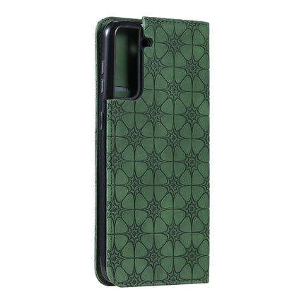 For Samsung Galaxy S21 5G Lucky Flowers Embossing Pattern Magnetic Horizontal Flip Leather Case with Holder & Card Slots(Dark Green)-garmade.com
