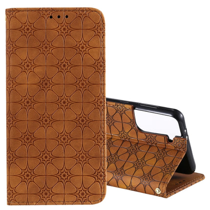 For Samsung Galaxy S21 5G Lucky Flowers Embossing Pattern Magnetic Horizontal Flip Leather Case with Holder & Card Slots(Yellow Brown)-garmade.com