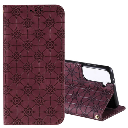 For Samsung Galaxy S21 5G Lucky Flowers Embossing Pattern Magnetic Horizontal Flip Leather Case with Holder & Card Slots(Wine Red)-garmade.com