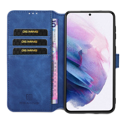 For Samsung Galaxy S21 5G DG.MING Retro Oil Side Horizontal Flip Case with Holder & Card Slots & Wallet(Blue)-garmade.com