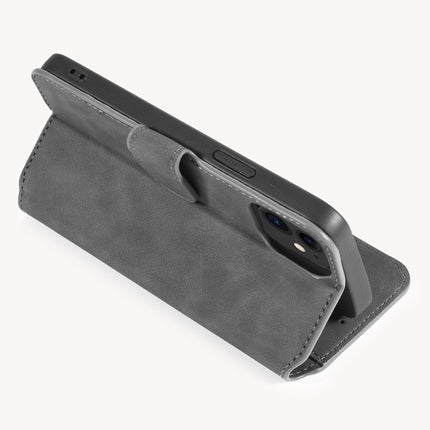 DG.MING Retro Oil Side Horizontal Flip Case with Holder & Card Slots & Wallet For iPhone 12 mini(Grey)-garmade.com