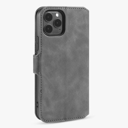 DG.MING Retro Oil Side Horizontal Flip Case with Holder & Card Slots & Wallet For iPhone 12 Pro Max(Grey)-garmade.com